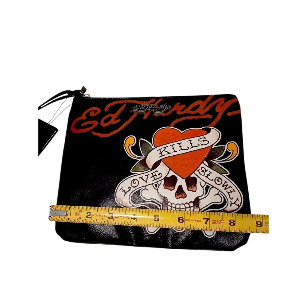 NEW! Ed Hardy Wristlet Zip Clutch Black Moto Purse Skull Roses Punk Skater‎ Love